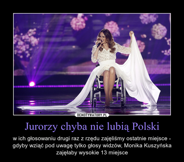 Jurorzy chyba nie lubią Polski – w ich głosowaniu drugi raz z rzędu zajęliśmy ostatnie miejsce - gdyby wziąć pod uwagę tylko głosy widzów, Monika Kuszyńska zajęłaby wysokie 13 miejsce 