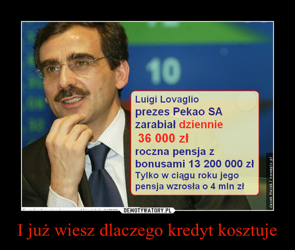 I już wiesz dlaczego kredyt kosztuje –  Luigi Lovaglio prezes PEKAO SA zarabiał dziennie 36 000 zł roczna pensja z bonusami 13 200 000 złTylko w ciągu roku jego pensja wzrosła o 4 mln zł