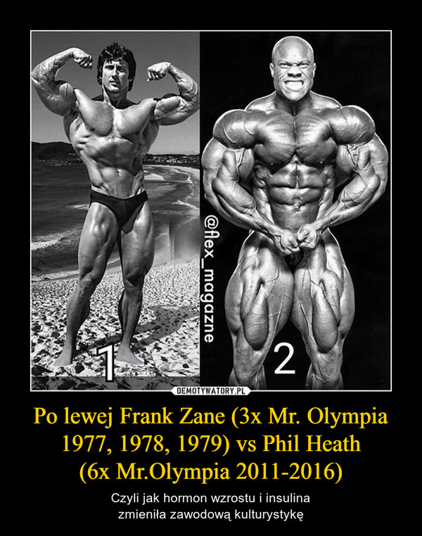 Po lewej Frank Zane (3x Mr. Olympia 1977, 1978, 1979) vs Phil Heath(6x Mr.Olympia 2011-2016) – Czyli jak hormon wzrostu i insulinazmieniła zawodową kulturystykę 