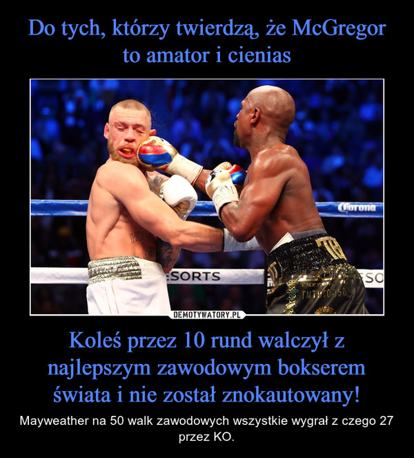 Do tych, którzy twierdzą, że McGregor to amator i cienias Koleś przez 10 rund walczył z najlepszym zawodowym bokserem świata i nie został znokautowany!