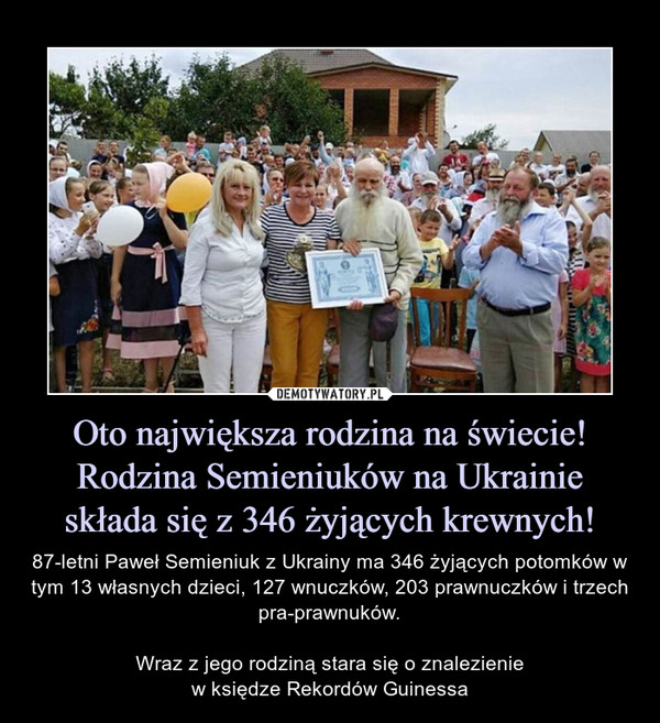 Oto największa rodzina na świecie! Rodzina Semieniuków na Ukrainie składa się z 346 żyjących krewnych!