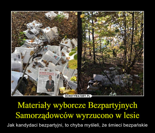 Materiały wyborcze Bezpartyjnych Samorządowców wyrzucono w lesie – Jak kandydaci bezpartyjni, to chyba myśleli, że śmieci bezpańskie 