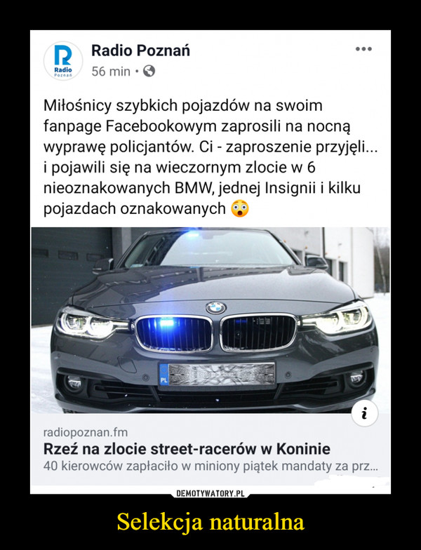Selekcja naturalna –  Radio Radio Poznań 56 min • Miłośnicy szybkich pojazdów na swoim fanpage Facebookowym zaprosili na nocną wyprawę policjantów. Ci - zaproszenie przyjęli... i pojawili się na wieczornym zlocie w 6 nieoznakowanych BMW, jednej Insignii i kilku pojazdach oznakowanych radiopoznan.fm Rzeź na zlocie street-racerów w Koninie 40 kierowców zapłaciło w miniony piątek mandaty za prz...