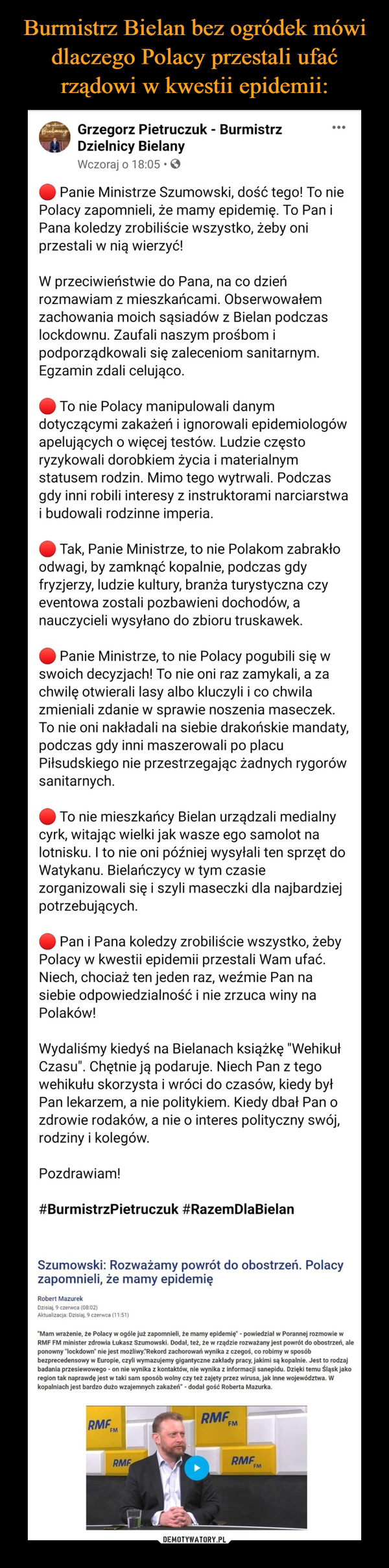 Burmistrz Bielan bez ogródek mówi dlaczego Polacy przestali ufać rządowi w kwestii epidemii: