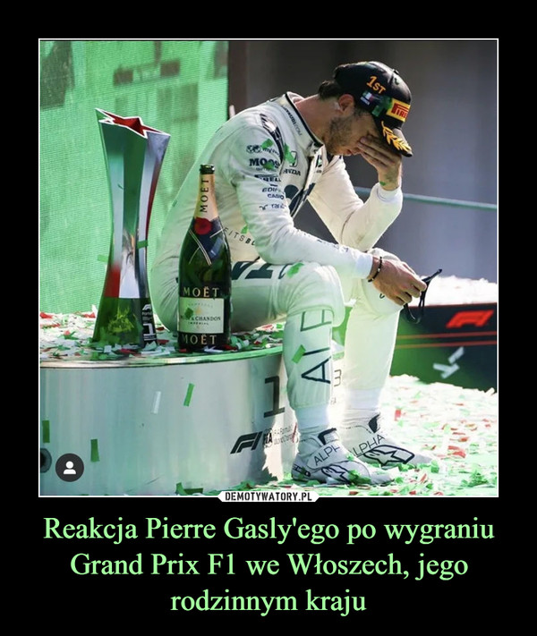 Reakcja Pierre Gasly'ego po wygraniu Grand Prix F1 we Włoszech, jego rodzinnym kraju –  
