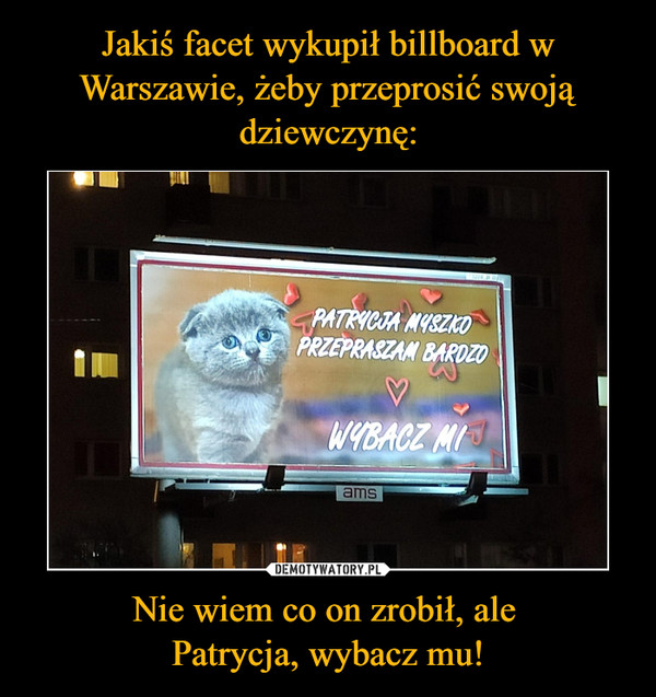 Jakiś facet wykupił billboard w Warszawie, żeby przeprosić swoją dziewczynę: Nie wiem co on zrobił, ale 
Patrycja, wybacz mu!