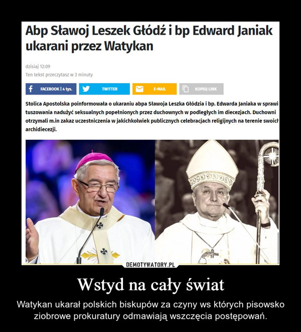 Wstyd na cały świat – Watykan ukarał polskich biskupów za czyny ws których pisowsko ziobrowe prokuratury odmawiają wszczęcia postępowań. 