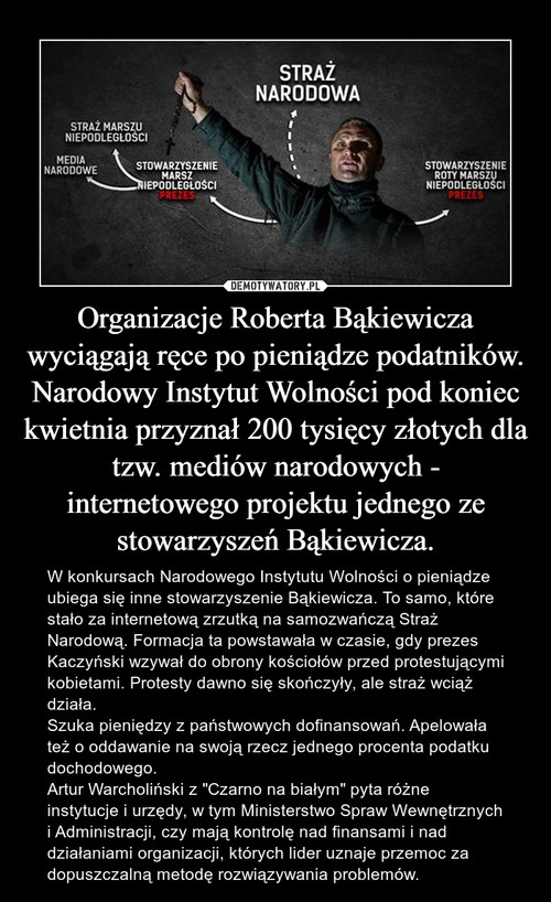 Organizacje Roberta Bąkiewicza wyciągają ręce po pieniądze podatników. Narodowy Instytut Wolności pod koniec kwietnia przyznał 200 tysięcy złotych dla tzw. mediów narodowych - internetowego projektu jednego ze stowarzyszeń Bąkiewicza.