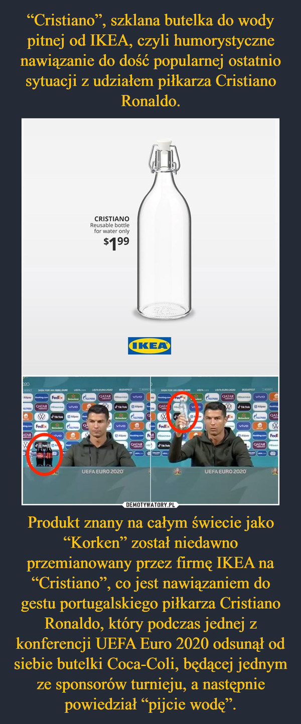 Produkt znany na całym świecie jako “Korken” został niedawno przemianowany przez firmę IKEA na “Cristiano”, co jest nawiązaniem do gestu portugalskiego piłkarza Cristiano Ronaldo, który podczas jednej z konferencji UEFA Euro 2020 odsunął od siebie butelki Coca-Coli, będącej jednym ze sponsorów turnieju, a następnie powiedział “pijcie wodę”. –  
