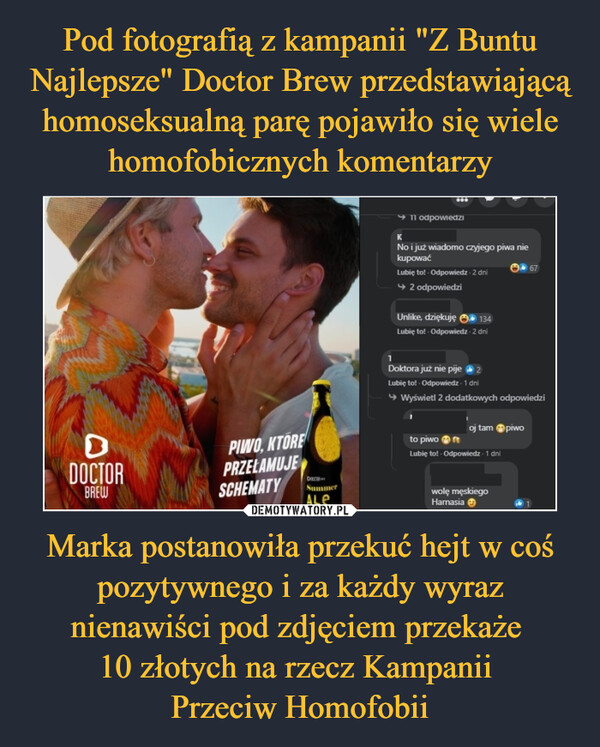Marka postanowiła przekuć hejt w coś pozytywnego i za każdy wyraz nienawiści pod zdjęciem przekaże 10 złotych na rzecz Kampanii Przeciw Homofobii –  