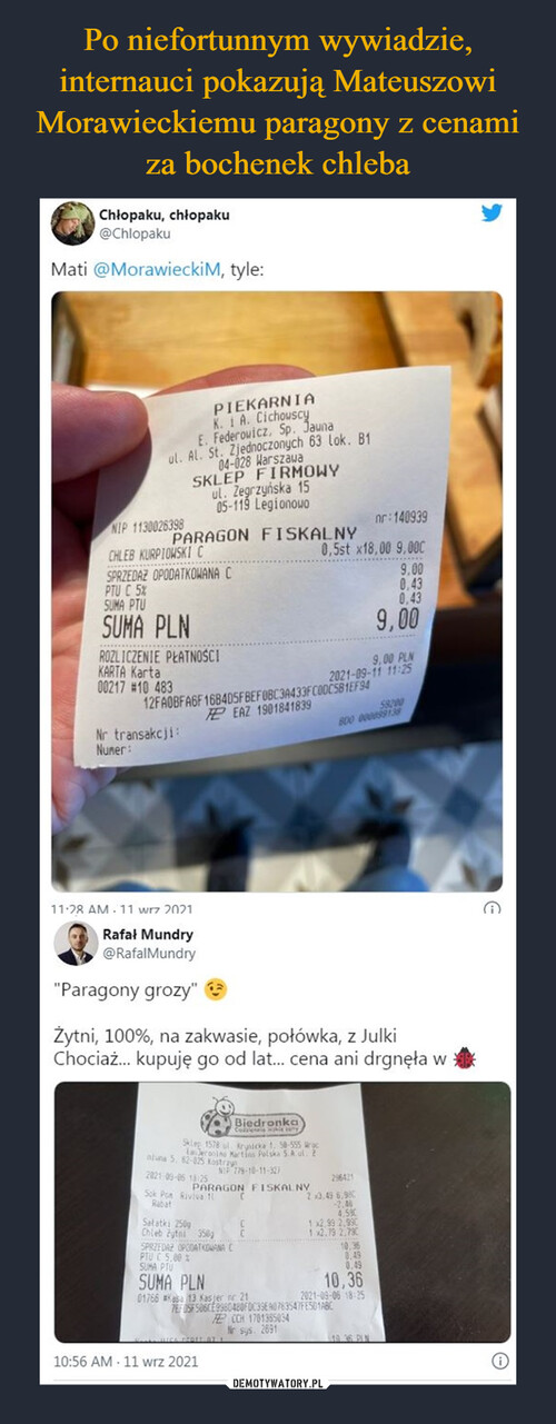 Po niefortunnym wywiadzie, internauci pokazują Mateuszowi Morawieckiemu paragony z cenami za bochenek chleba