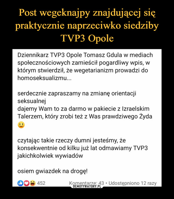 Post wegeknajpy znajdującej się praktycznie naprzeciwko siedziby TVP3 Opole