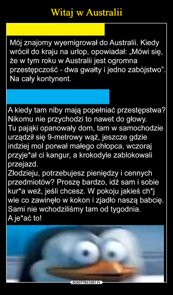  –  Mój znajomy wyemigrował do Australii. Kiedy wrócił do kraju na urlop, opowiadał: „Mówi się, że w tym roku w Australii jest ogromna przestępczość - dwa gwałty i jedno zabójstwo". Na cały kontynent. A kiedy tam niby mają popełniać przestępstwa? Nikomu nie przychodzi to nawet do głowy. Tu pająki opanowały dom, tam w samochodzie urządził się 9-metrowy wąż, jeszcze gdzie indziej mol porwał małego chłopca, wczoraj przyje*ał ci kangur, a krokodyle zablokowali przejazd. Złodzieju, potrzebujesz pieniędzy i cennych przedmiotów? Proszę bardzo, idź sam i sobie kur*a weź, jeśli chcesz. W pokoju jakieś ch*j wie co zawinęło w kokon i zjadło naszą babcię. Sami nie wchodziliśmy tam od tygodnia. A je*ać to!