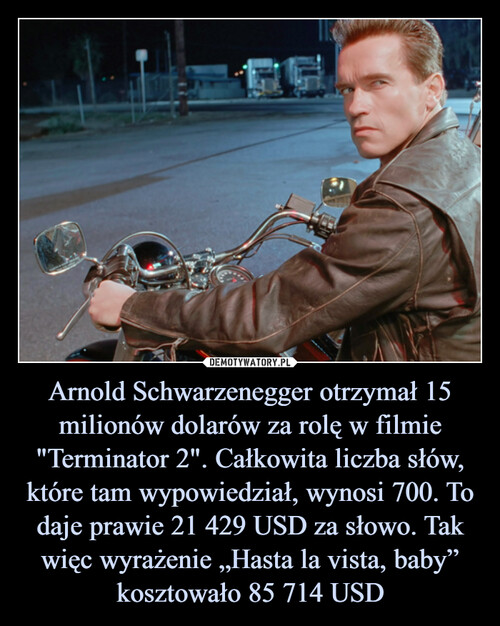 Arnold Schwarzenegger otrzymał 15 milionów dolarów za rolę w filmie "Terminator 2". Całkowita liczba słów, które tam wypowiedział, wynosi 700. To daje prawie 21 429 USD za słowo. Tak więc wyrażenie „Hasta la vista, baby” kosztowało 85 714 USD