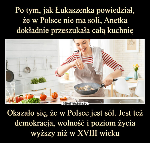 Po tym, jak Łukaszenka powiedział,
że w Polsce nie ma soli, Anetka dokładnie przeszukała całą kuchnię Okazało się, że w Polsce jest sól. Jest też demokracja, wolność i poziom życia wyższy niż w XVIII wieku
