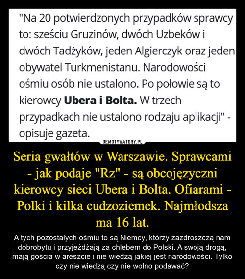 Seria gwałtów w Warszawie. Sprawcami - jak podaje "Rz" - są obcojęzyczni kierowcy sieci Ubera i Bolta. Ofiarami - Polki i kilka cudzoziemek. Najmłodsza ma 16 lat.
