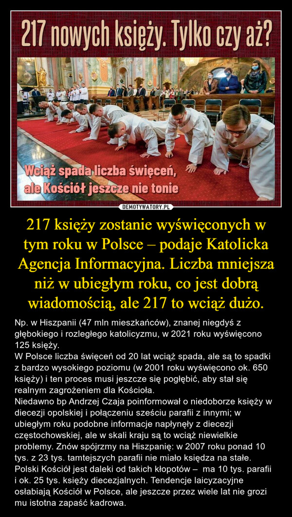 217 księży zostanie wyświęconych w tym roku w Polsce – podaje Katolicka Agencja Informacyjna. Liczba mniejsza niż w ubiegłym roku, co jest dobrą wiadomością, ale 217 to wciąż dużo. – Np. w Hiszpanii (47 mln mieszkańców), znanej niegdyś z głębokiego i rozległego katolicyzmu, w 2021 roku wyświęcono 125 księży.W Polsce liczba święceń od 20 lat wciąż spada, ale są to spadki z bardzo wysokiego poziomu (w 2001 roku wyświęcono ok. 650 księży) i ten proces musi jeszcze się pogłębić, aby stał się realnym zagrożeniem dla Kościoła.Niedawno bp Andrzej Czaja poinformował o niedoborze księży w diecezji opolskiej i połączeniu sześciu parafii z innymi; w ubiegłym roku podobne informacje napłynęły z diecezji częstochowskiej, ale w skali kraju są to wciąż niewielkie problemy. Znów spójrzmy na Hiszpanię: w 2007 roku ponad 10 tys. z 23 tys. tamtejszych parafii nie miało księdza na stałe. Polski Kościół jest daleki od takich kłopotów –  ma 10 tys. parafii i ok. 25 tys. księży diecezjalnych. Tendencje laicyzacyjne osłabiają Kościół w Polsce, ale jeszcze przez wiele lat nie grozi mu istotna zapaść kadrowa. 