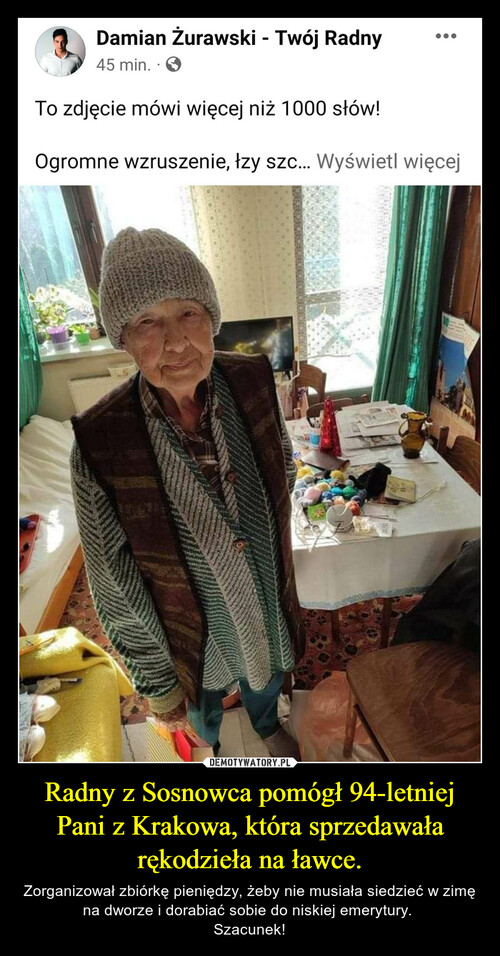 Radny z Sosnowca pomógł 94-letniej Pani z Krakowa, która sprzedawała rękodzieła na ławce.