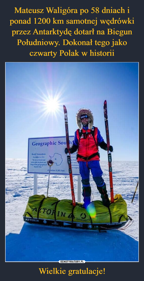 Mateusz Waligóra po 58 dniach i ponad 1200 km samotnej wędrówki przez Antarktydę dotarł na Biegun Południowy. Dokonał tego jako czwarty Polak w historii Wielkie gratulacje!