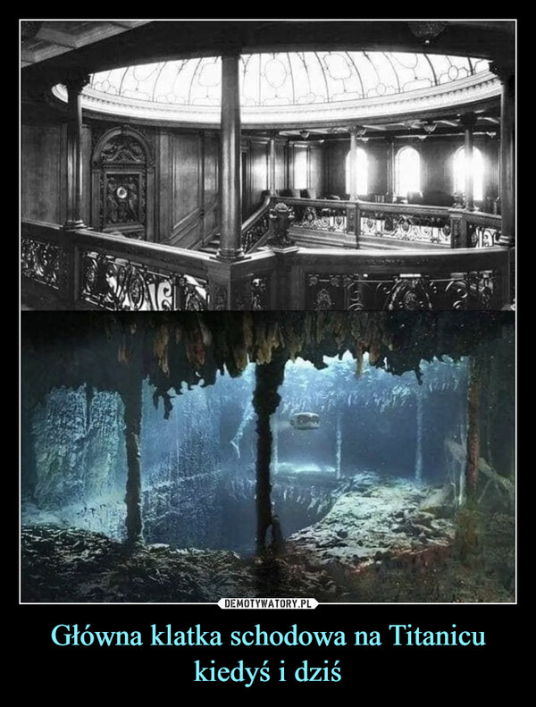 Główna klatka schodowa na Titanicu kiedyś i dziś