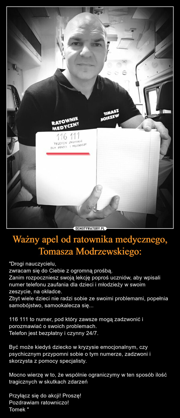 Ważny apel od ratownika medycznego, Tomasza Modrzewskiego:
