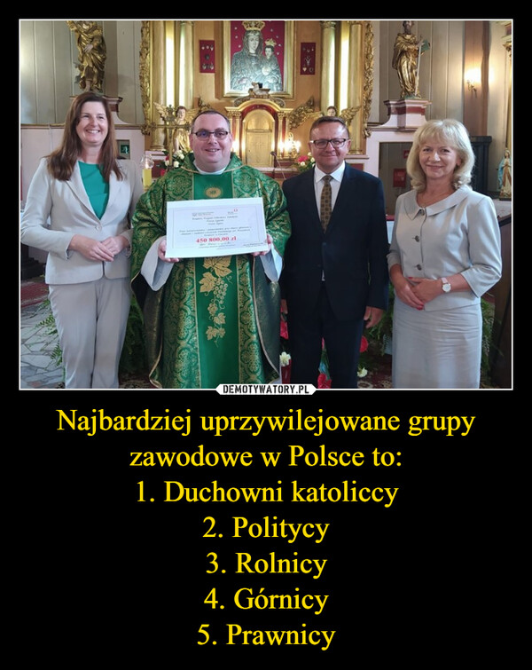 Najbardziej uprzywilejowane grupy zawodowe w Polsce to:
1. Duchowni katoliccy
2. Politycy
3. Rolnicy
4. Górnicy
5. Prawnicy
