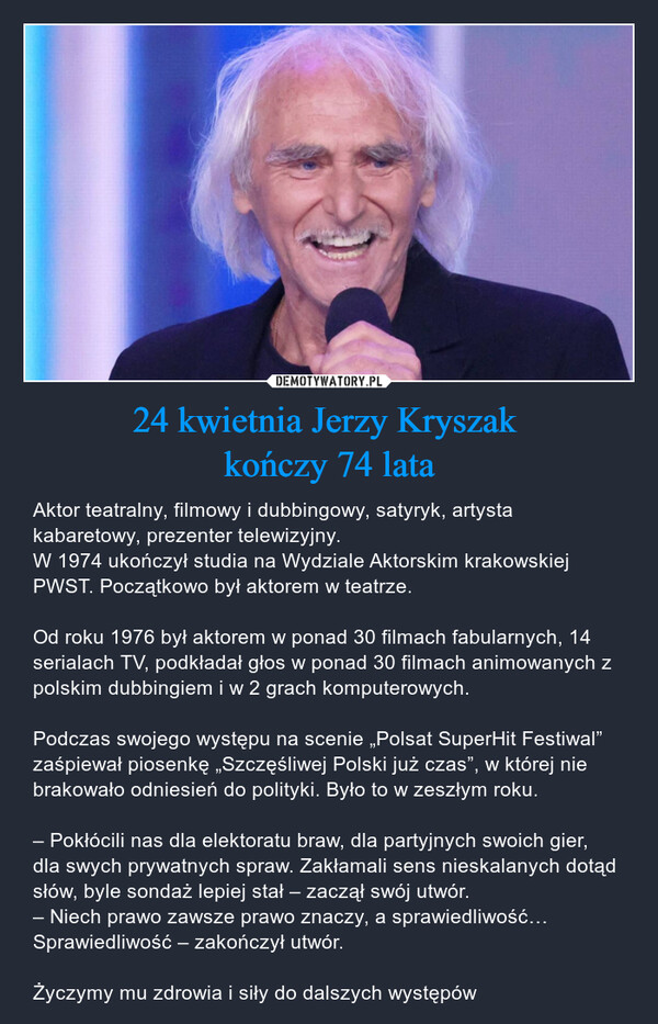 24 kwietnia Jerzy Kryszak 
kończy 74 lata