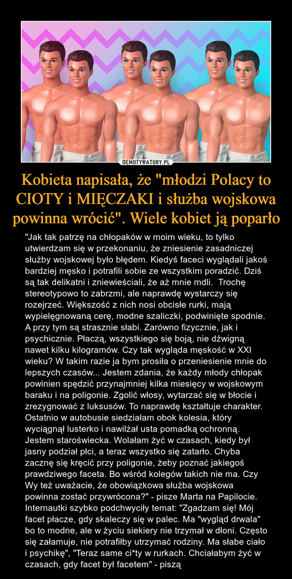 Kobieta napisała, że "młodzi Polacy to CIOTY i MIĘCZAKI i służba wojskowa powinna wrócić". Wiele kobiet ją poparło